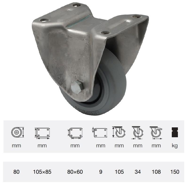 Colson FXPF 0801 7100, Fix kerék, rozsdamentes villában, tömörgumi futófelület, 80 mm, 150 kg, talpas felfogatás