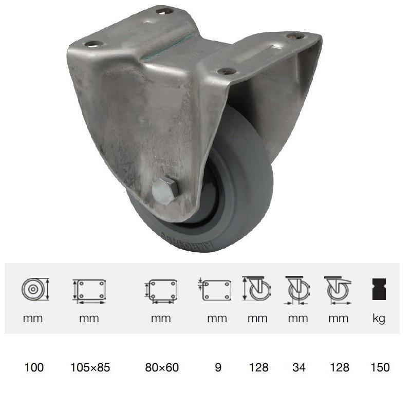 Colson FXPF 1001 7100, Fix kerék, rozsdamentes villában, tömörgumi futófelület, 100 mm, 150 kg , talpas felfogatás