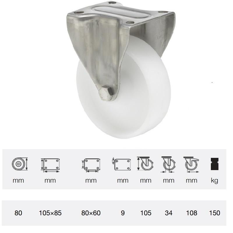 Colson FXPN 0801 1100, Fix kerék, (poliamid) futófelület, rozsdamentes villában, 80 mm, 150 kg, talpas felfogatás