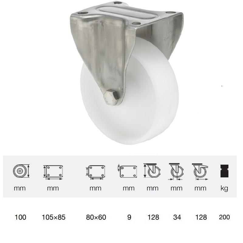 Colson FXPN 1001 1100, Fix kerék, (poliamid) futófelület, rozsdamentes villában, 100 mm, 200 kg, talpas felfogatás