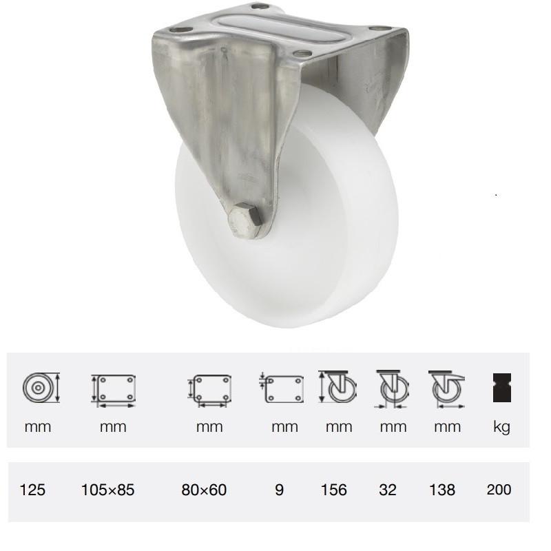 Colson FXPN 1251 1100, Fix kerék, (poliamid) futófelület, rozsdamentes villában, 125 mm, 200 kg, talpas felfogatás