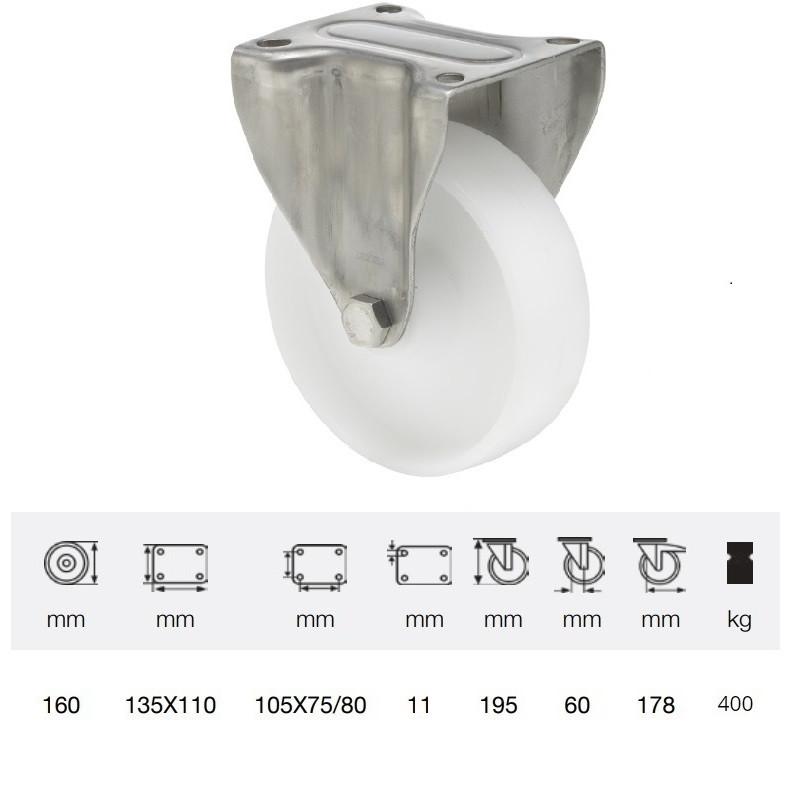 Colson FXPN 1603 1100, Fix kerék, (poliamid) futófelület, rozsdamentes villában, 160 mm, 400 kg, talpas felfogatás
