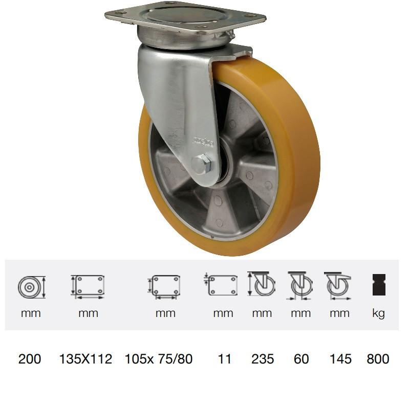 Colson JBAU 2003 6440, Nagy teherbírású forgó kerék, poliuretán futófelület, horganyzott villában, 200 mm, 800 kg