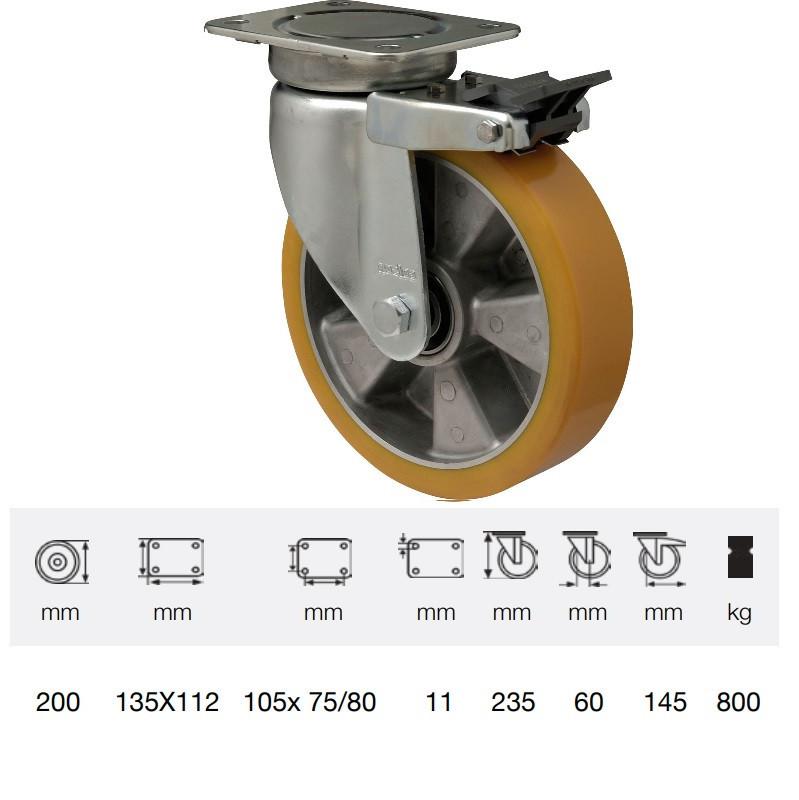 Colson JBAU 2003 6440/B, Nagy teherbírású forgó-fékes kerék, poliuretán futófelület, horganyzott villában, 200 mm, 800 kg