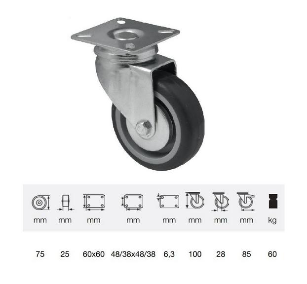 Colson JDPE 0751 1001, Forgó kerék, 75 mm, 60 kg teherbírás, talpas felfogatás