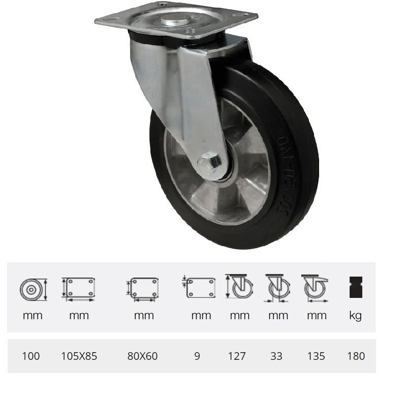 Colson JPAB 1001 6150, Forgó kerék, horganyzott villában, fekete tömörgumi futófelülettel, 100 mm, 180 kg, felfogatás