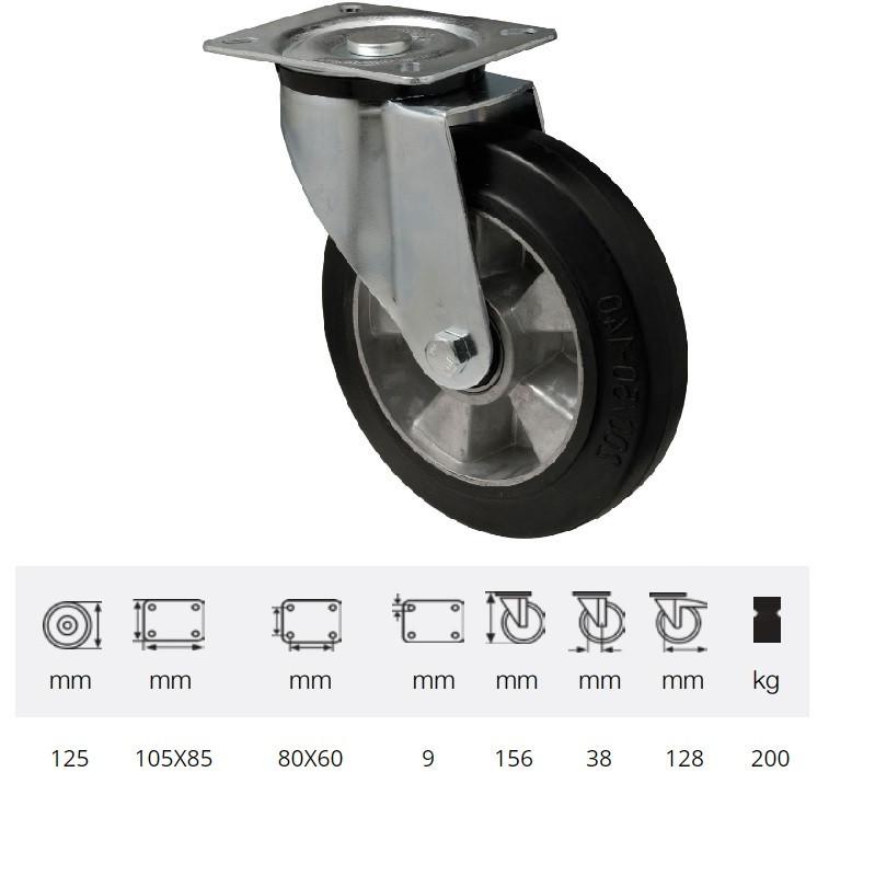 Colson JPAB 1251 6150, Forgó kerék, horganyzott villában, fekete tömörgumi futófelülettel, 125 mm, 200 kg, talpas felfogatás