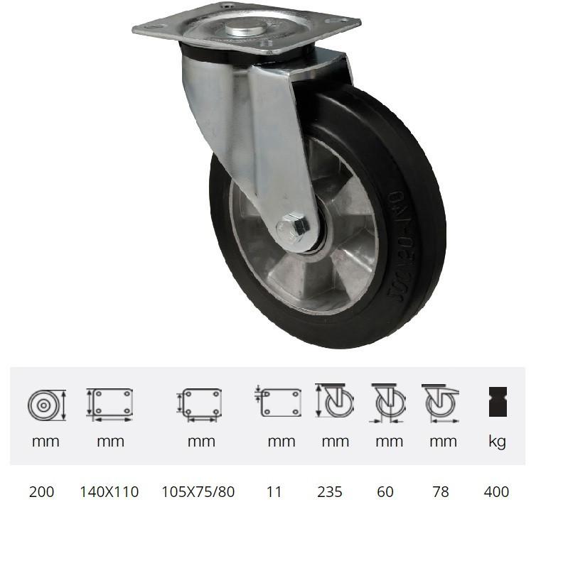 Colson JPAB 2003 6150, Forgó kerék, horganyzott villában, fekete tömörgumi futófelülettel, 200 mm, 400 kg, talpas felfogatás