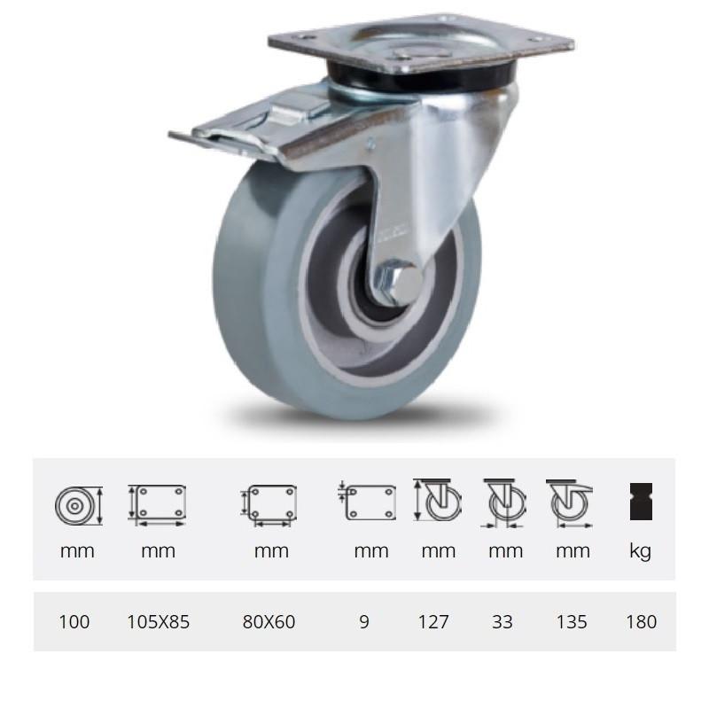 Colson JPAG 1001 6150, Forgó kerék, horganyzott villában, szürke nyommentes tömörgumi futófelülettel, 100 mm, 180 kg, talpas felfogatás