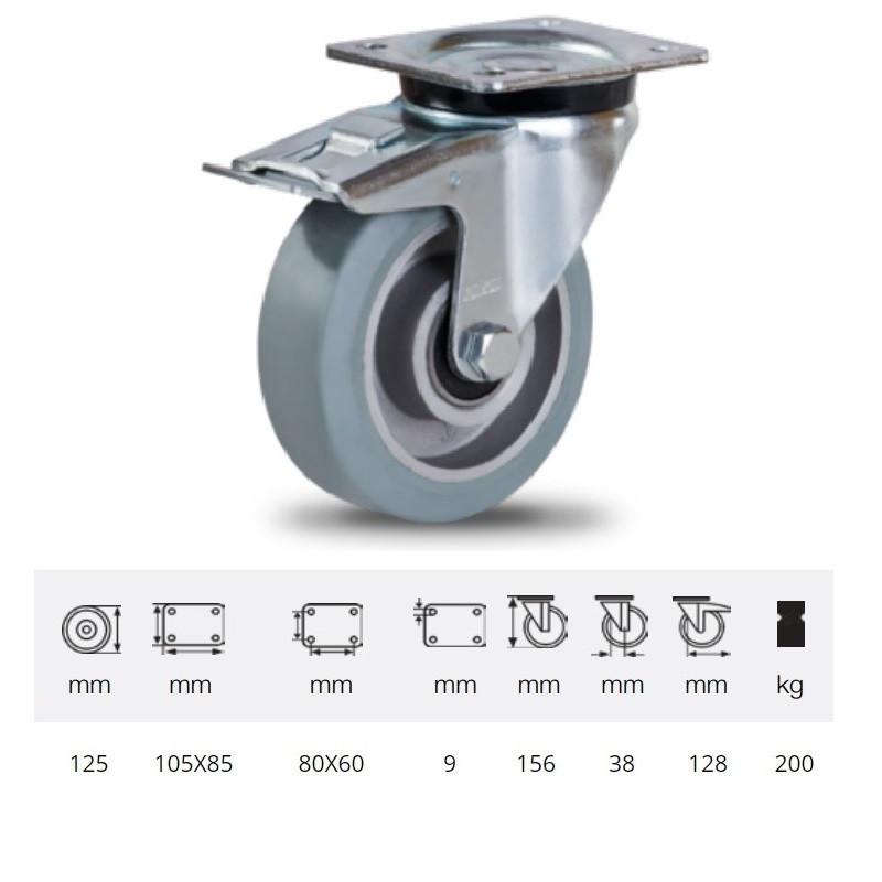 Colson JPAG 1251 6150, Forgó kerék, horganyzott villában, szürke nyommentes tömörgumi futófelülettel, 125 mm, 200 kg, talpas felfogatás