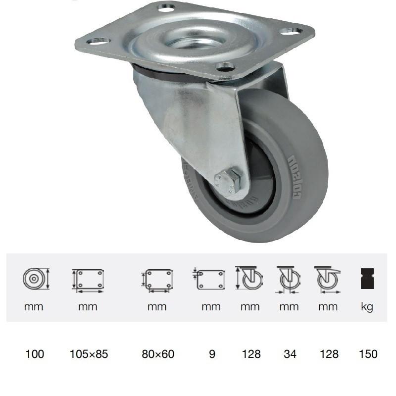 Colson JPPF 1001 5100, Forgó kerék, horganyzott villában, tömörgumi futófelület, 100 mm, 150 kg, talpas felfogatás