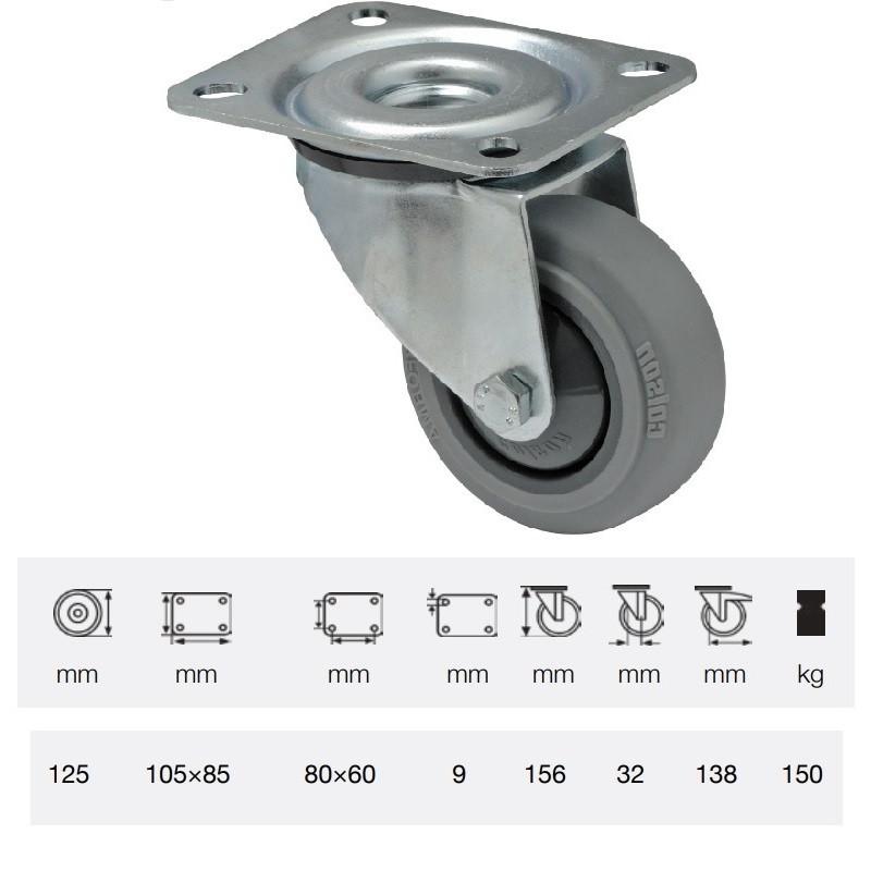 Colson JPPF 1251 5100, Forgó kerék, horganyzott villában, tömörgumi futófelület, 125 mm, 150 kg, talpas felfogatás