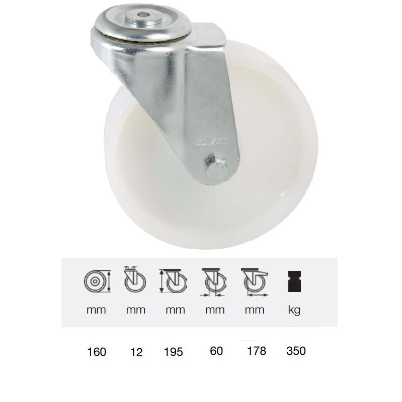 Colson JPPN 1607 1100, Forgó kerék, (poliamid) futófelület, horganyzott villában, 160 mm, 350 kg, furatos felfogatás