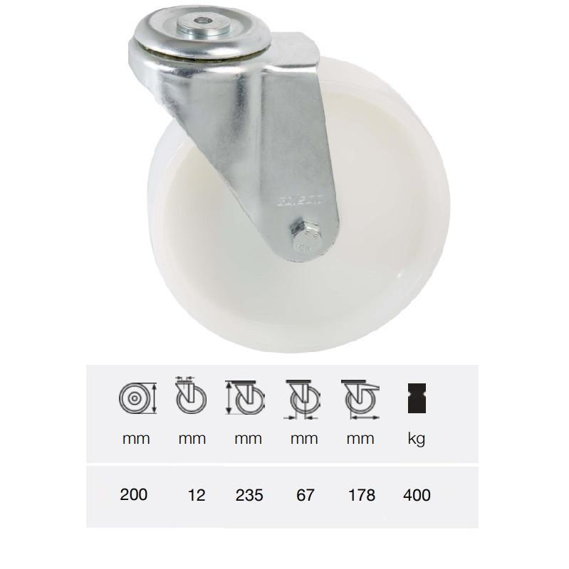 Colson JPPN 2007 1100, Forgó kerék, (poliamid) futófelület, horganyzott villában, 200 mm, 400 kg, furatos felfogatás