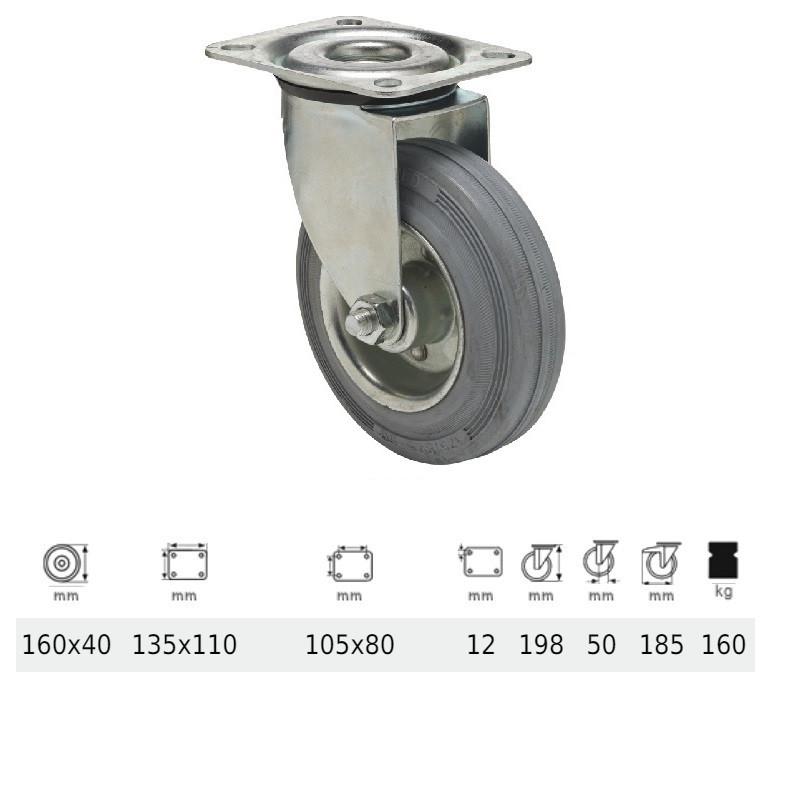 Colson JPSG 1603 2100 W, Forgó kerék, szürke (nyommentes) gumi futófelület, 160 mm, 160 kg, talpas felfogatás