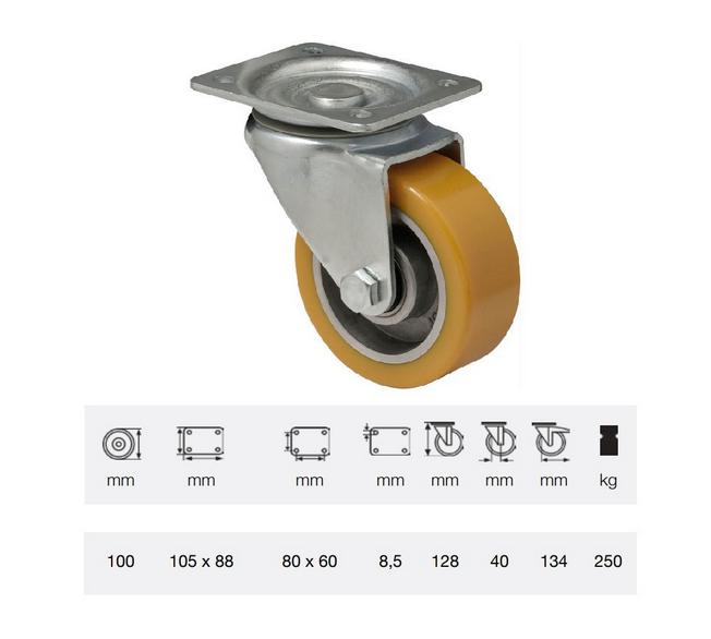 Colson JTAU 1002 6150, Forgó kerék, Poluretán futófelülettel, horganyzott villába szerelve, 100 mm, 200 kg teherbírás, talpas felfogatás