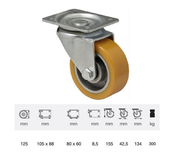 Colson JTAU 1252 6150, Forgó kerék, Poluretán futófelülettel, horganyzott villába szerelve, 125 mm, 300 kg teherbírás, talpas felfogatás