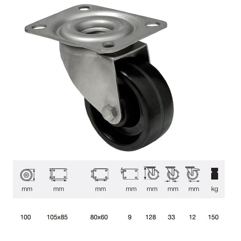 Colson JXFL 1001 1000, Hőálló (+280C-ig) Forgó kerék, rozsdamentes villában, fenolgyantával kevert futófelület, 100 mm, 150 kg, talpas felfogatás