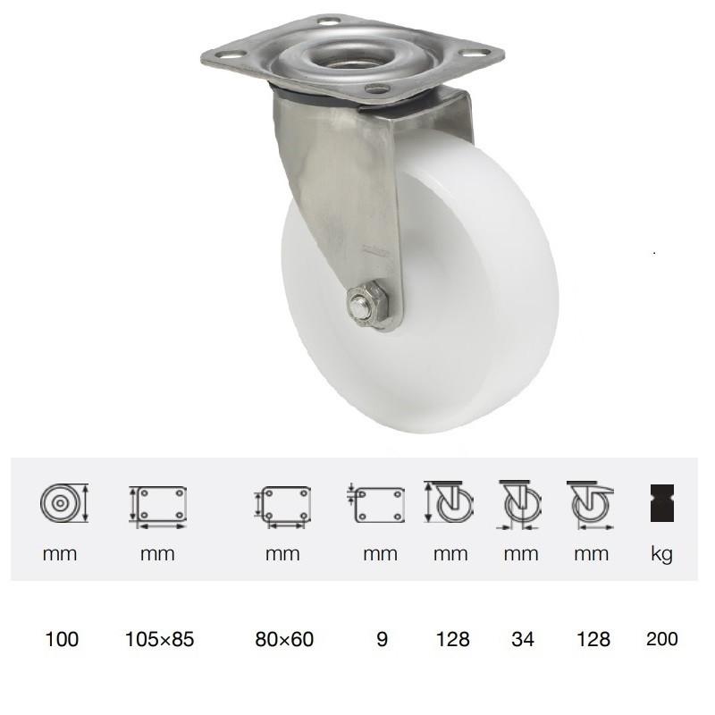 Colson JXPN 1001 1100, Forgó kerék, (poliamid) futófelület, rozsdamentes villában, 100 mm, 200 kg, talpas felfogatás