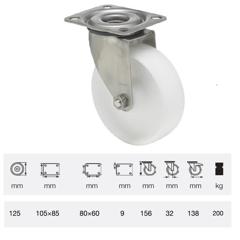 Colson JXPN 1251 1100, Forgó kerék, (poliamid) futófelület, rozsdamentes villában, 125 mm, 200 kg, talpas felfogatás