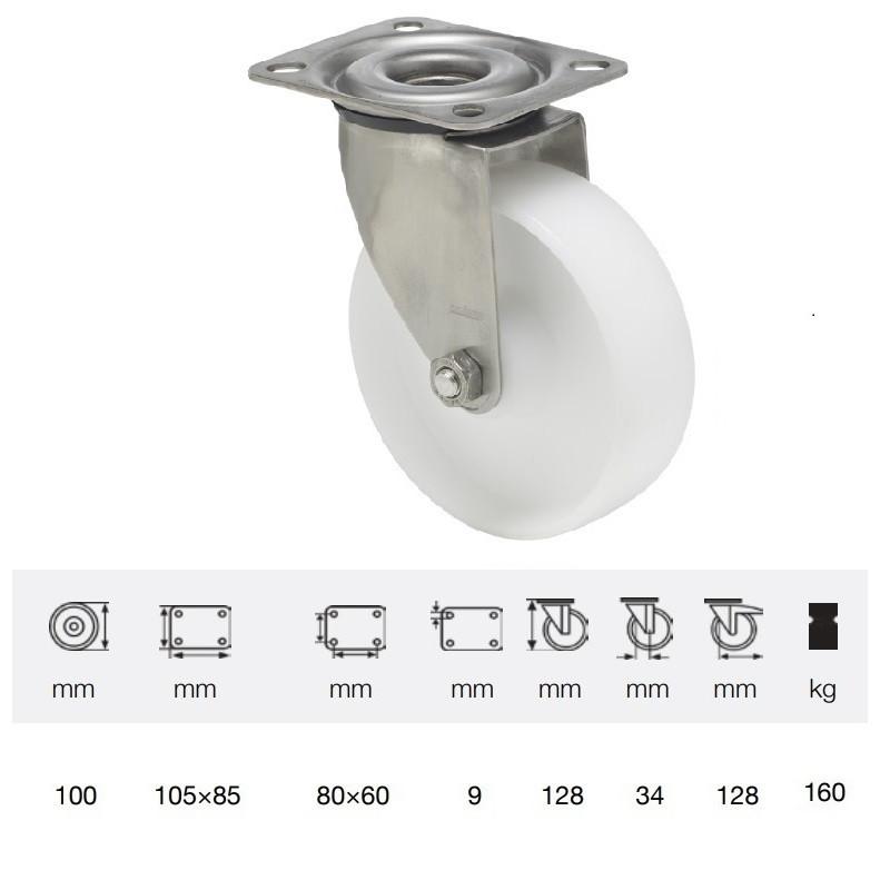 Colson JXPP 1001 1000, Forgó kerék, (polipropilén) futófelület, rozsdamentes villában,100 mm, 160 kg, talpas felfogatás