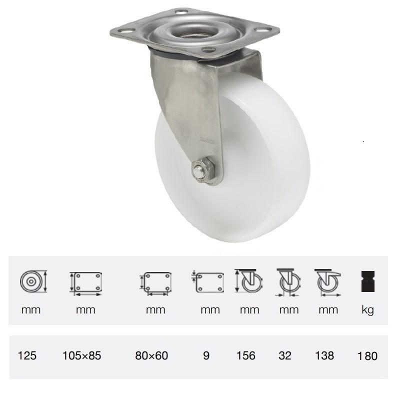 Colson JXPP 1251 1000, Forgó kerék, (polipropilén) futófelület, rozsdamentes villában, 125 mm, 180 kg, talpas felfogatás