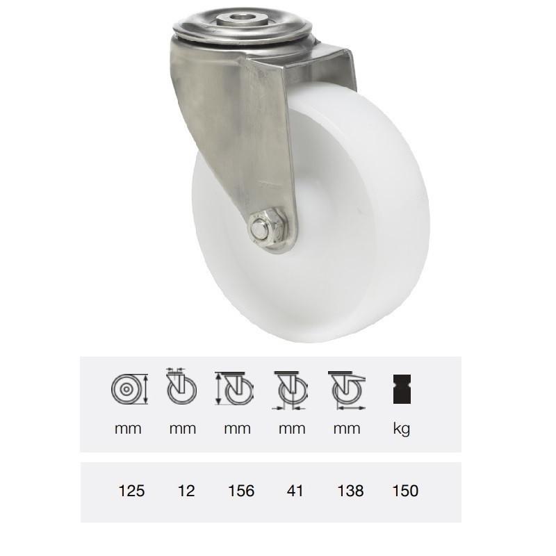 Colson JXPP 1255 1000, Forgó kerék, (polipropilén) futófelület, rozsdamentes villában, 125 mm, 180 kg, furatos felfogatás