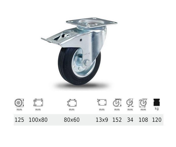 Colson kerék BPSM 1251 2100 L, Forgó-Fékes kerék, fekete gumi futófelület, 125 mm, 120 kg teherbírás, talpas felfogatás