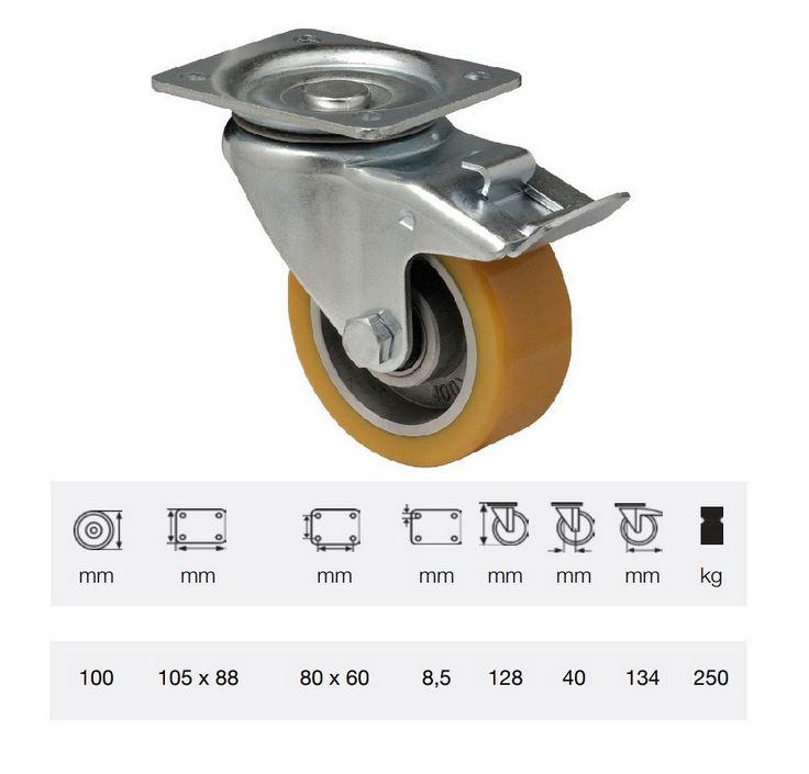 Colson kerék BTAU 1002 6150, Forgó-Fékes kerék, Poluretán futófelülettel, horganyzott villában, 100 mm, 200 kg, talpas felfogatás