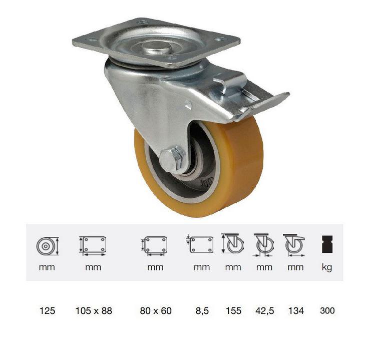 Colson kerék BTAU 1252 6150, Forgó-Fékes kerék, Poluretán futófelülettel, horganyzott villában, 125 mm, 300 kg, talpas felfogatás