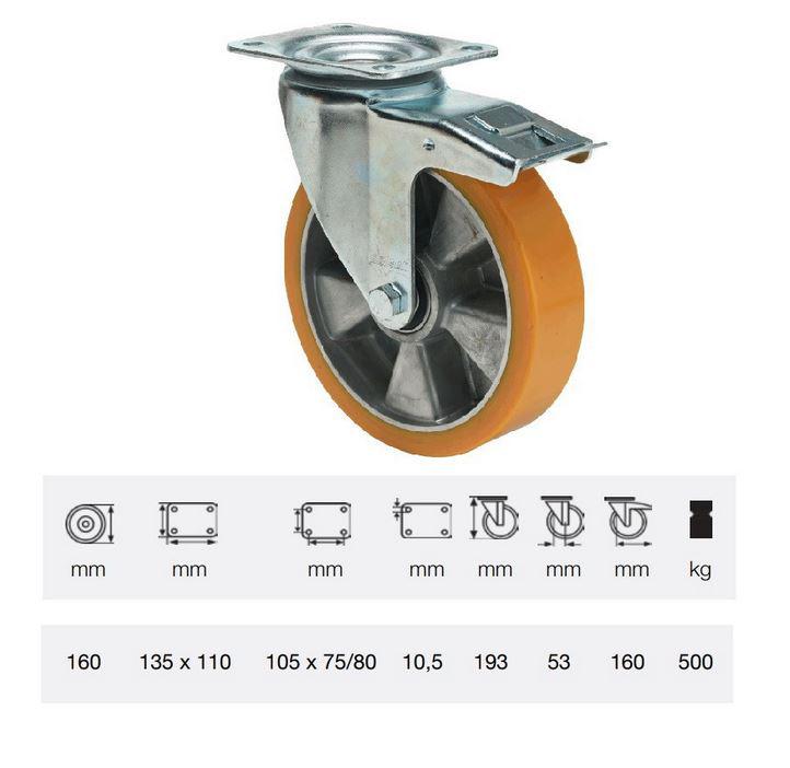 Colson kerék BTAU 1603 6440, Forgó-Fékes kerék, Poluretán futófelülettel, horganyzott villában, 160 mm, 500 kg, talpas felfogatás