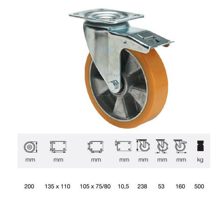 Colson kerék BTAU 2003 6440, Forgó-Fékes kerék, Poluretán futófelülettel, horganyzott villában, 200 mm, 500 kg, talpas felfogatás