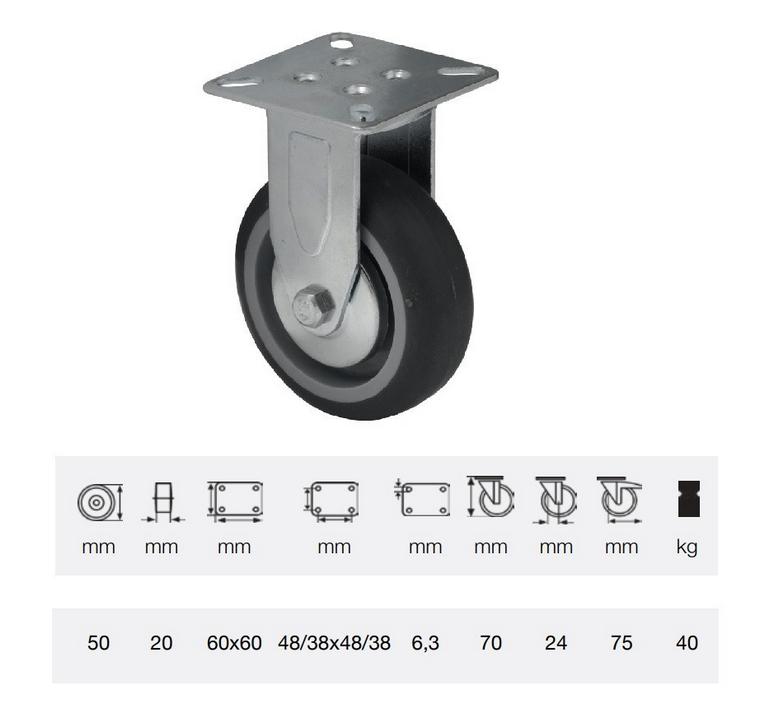 Colson kerék FDPE 0501 1001, Fix kerék, 50 mm, 40 kg, talpas felfogatás