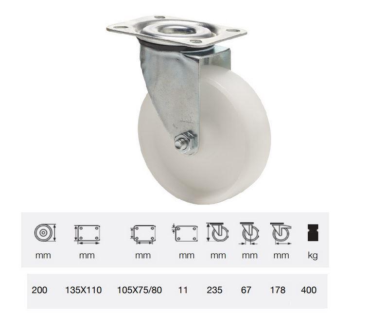 Colson kerék JPPN 2003 1100, Forgó kerék, (poliamid) futófelület, horganyzott villában, 200 mm, 400 kg, talpas felfogatás