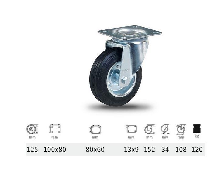 Colson kerék JPSM 1251 2100 L, Forgó kerék, fekete gumi futófelület, 125 mm, 120 kg, talpas felfogatás