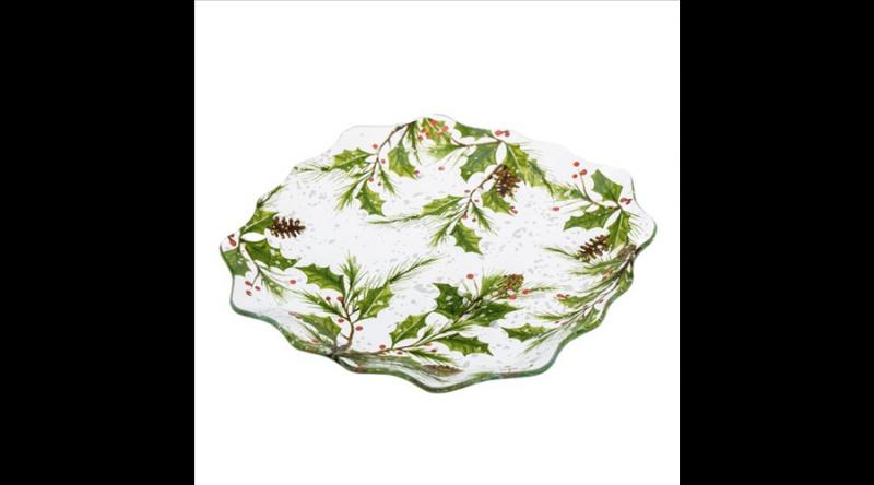 DAK.DOR21006 Üvegtányér 19,5x19,5x1,7cm, karácsonyi ágakkal