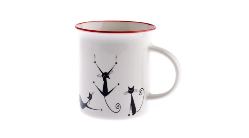 DAK.SAL191010 Porcelánbögre 310ml, ugráló fekete macskás, piros csíkkal