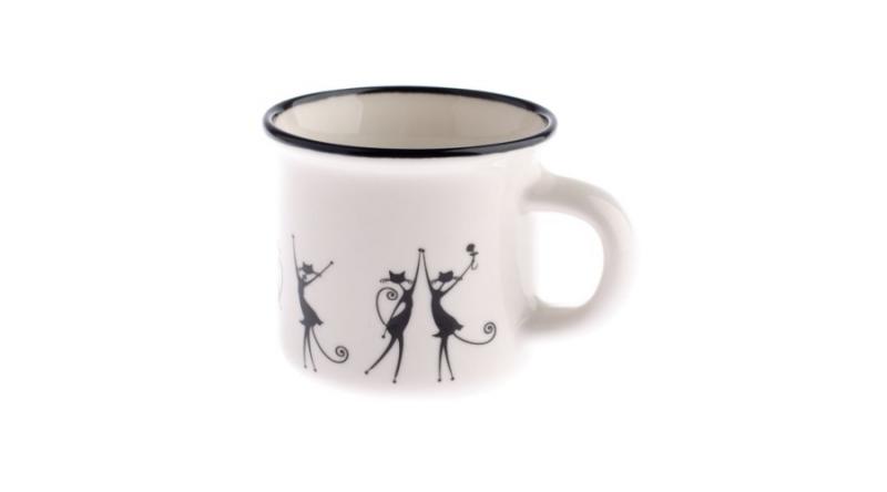 DAK.SAL191024 Porcelánbögre presszós,75ml, táncoló fekete macskás, fekete csíkkal