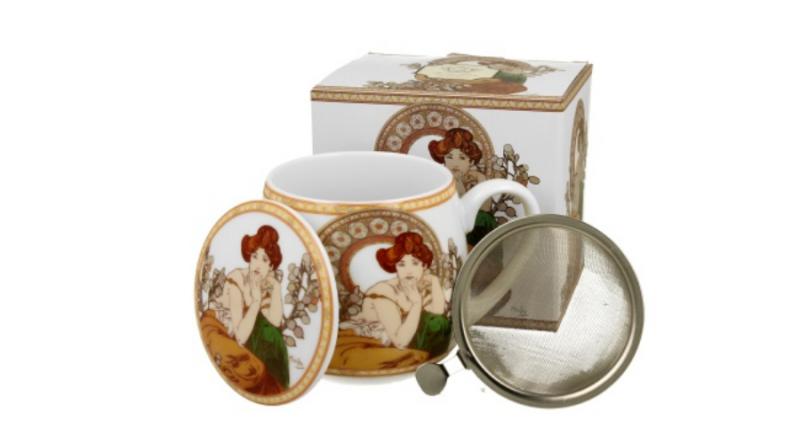 D.G.35599 Porcelánbögre tetővel,fémszűrővel, 430ml, dobozban, Mucha:Topáz