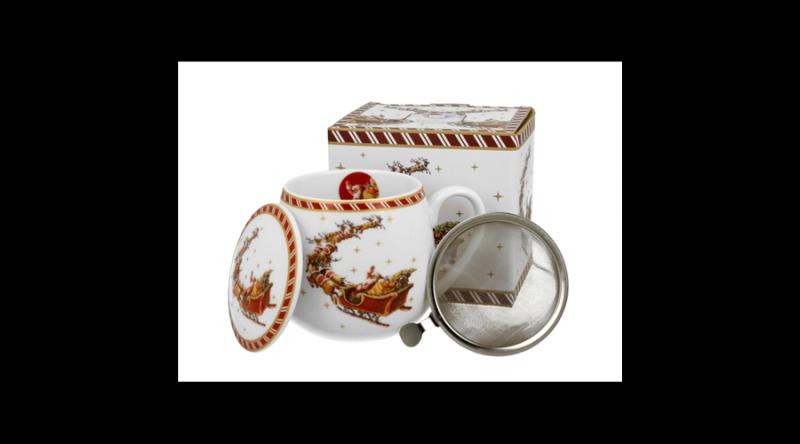 D.G.36374 Porcelánbögre tetővel, fémszűrővel, 430ml, dobozban, Santa on Sleigh