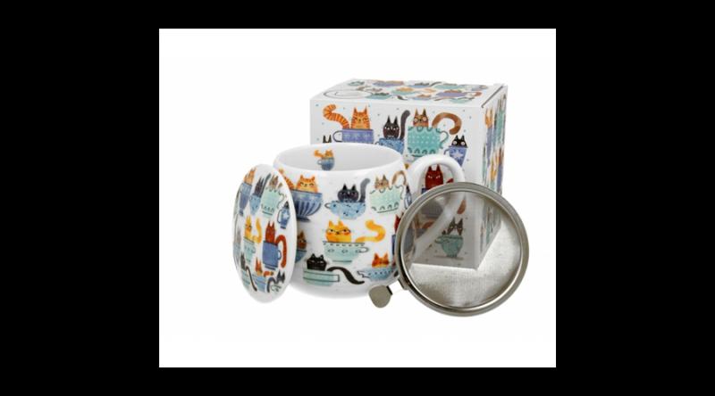 D.G.44034 Porcelánbögre tetővel,fémszűrővel,430ml,dobozban, Teacup Cats