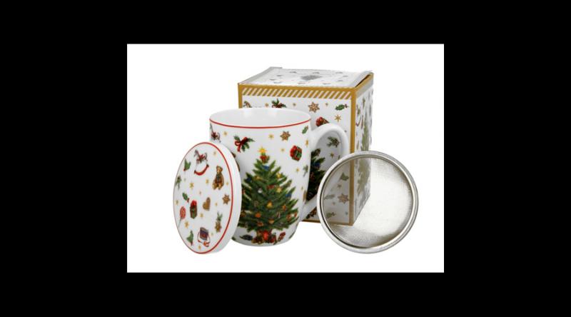D.G.51384 Porcelánbögre tetővel, fémszűrővel, 360ml, dobozban, Christmas Tree
