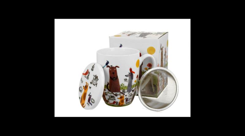 D.G.53883 Porcelánbögre tetővel, fémszűrővel, 360ml, dobozban, Dog picnic