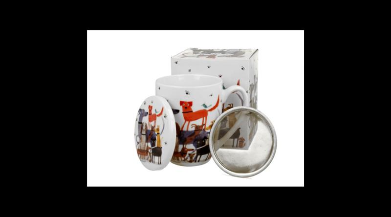 D.G.53920 Porcelánbögre tetővel, fémszűrővel, 360ml, dobozban, Dog walk