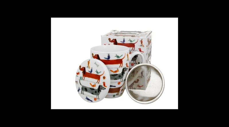 D.G.53968 Porcelánbögre tetővel, fémszűrővel, 360ml, dobozban, Long Dogs