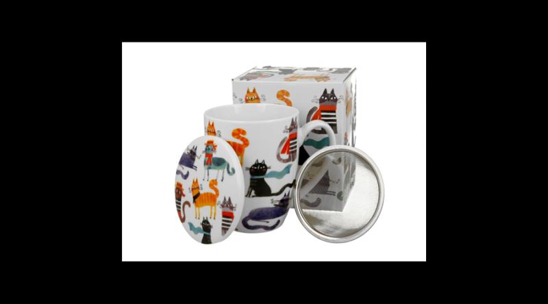 D.G.66654 Porcelánbögre tetővel, fémszűrővel, 360ml, dobozban, Stylish Cats