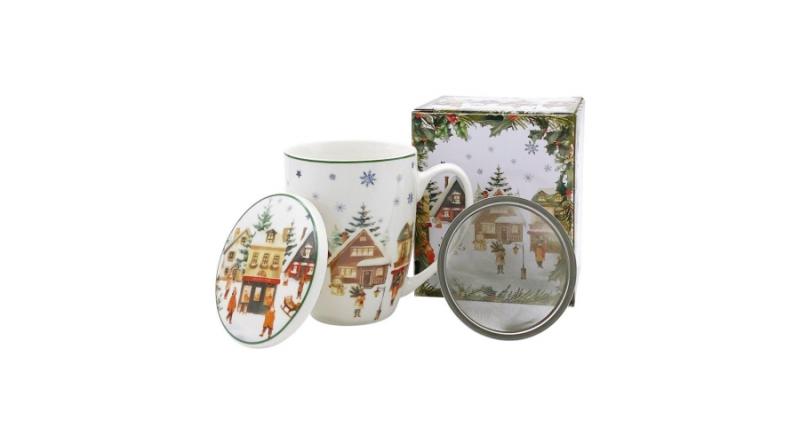 D.G.68924 Porcelánbögre tetővel, fémszűrővel, 360ml, dobozban, Christmas Village