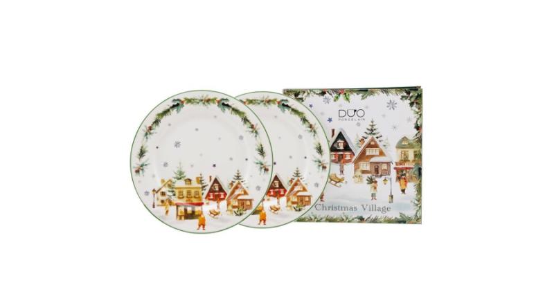 D.G.68955 Porcelán desszerttányér szett, 2db-os, 19cm, dobozban, Christmas Village