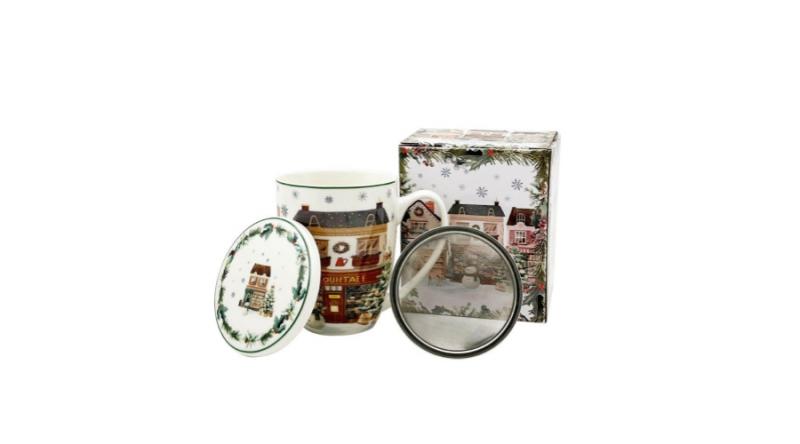 D.G.69044 Porcelánbögre tetővel, fémszűrővel, 360ml, dobozban, Christmas City 2