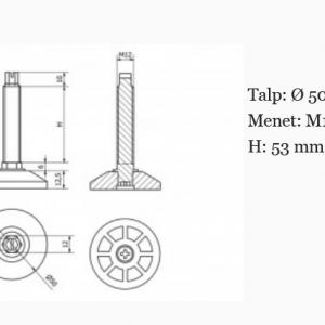 Állítható láb felső állítással Ø 50mm talppal, M12x53-as szárral. 100 db felső